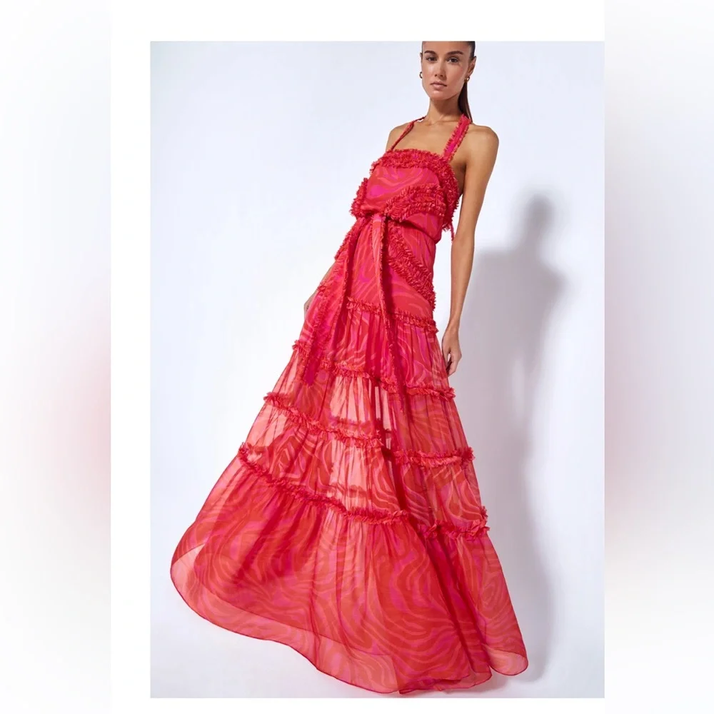 Alexis pink & red dress w ruffle details and matching sash. - Picture 1 of 5